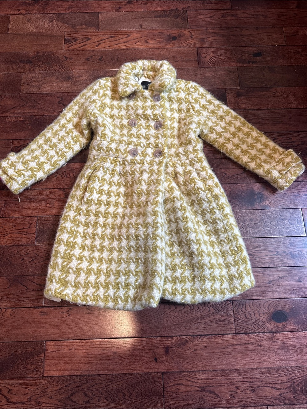 J. Crew Yellow & Cream Houndstooth Double-Breasted Pea Coat
